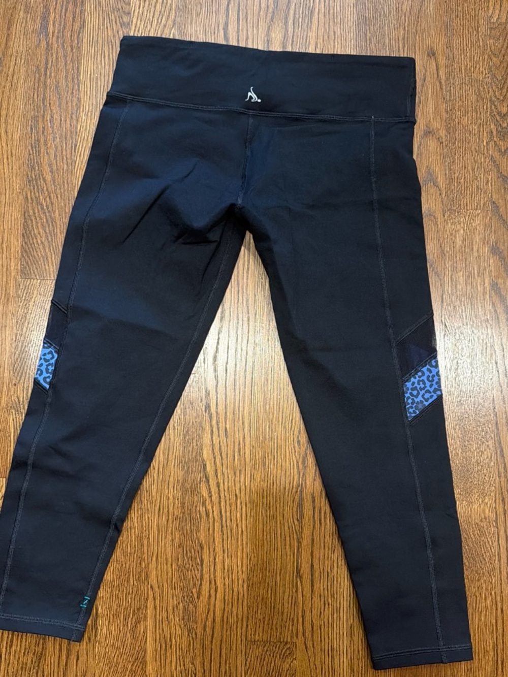 Black Nancy Rose Performance Leggings with Blue Leopard and Mesh Accent